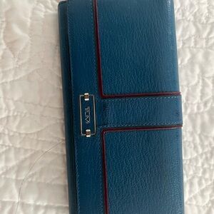 TUMI Navy Leather Wallet with Red Trim
